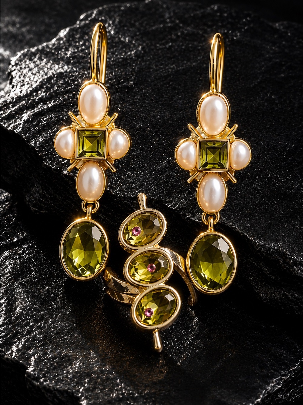 Gold-Tone Earrings with White Pearls & Olive Green Gems